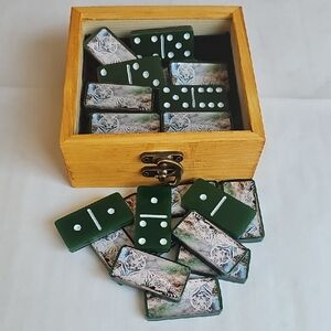 Hand Crafted Green Domino Set with Tiger Motif and White Pips